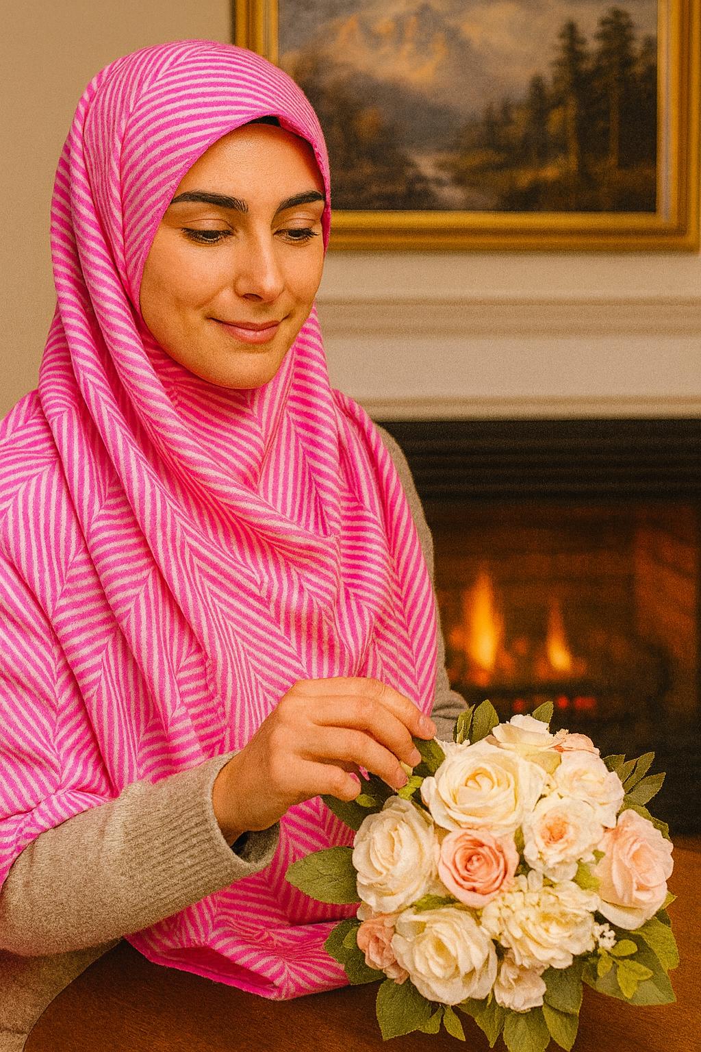 Scarf/Shawl Vibrant Pink & Cream Herringbone | Soft Wool-Blend Wrap with Fringe