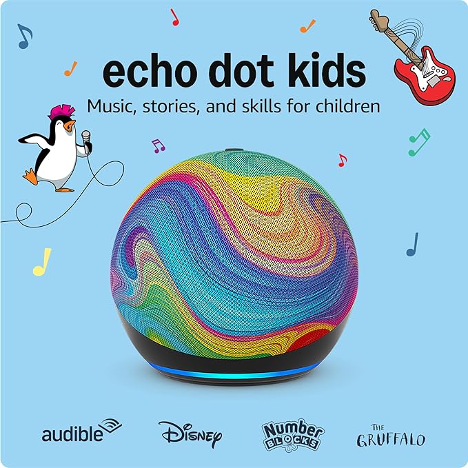 Echo Dot Kids (newest gen) | Wi-Fi and Bluetooth smart speaker with Alexa | Rainbow Swirl