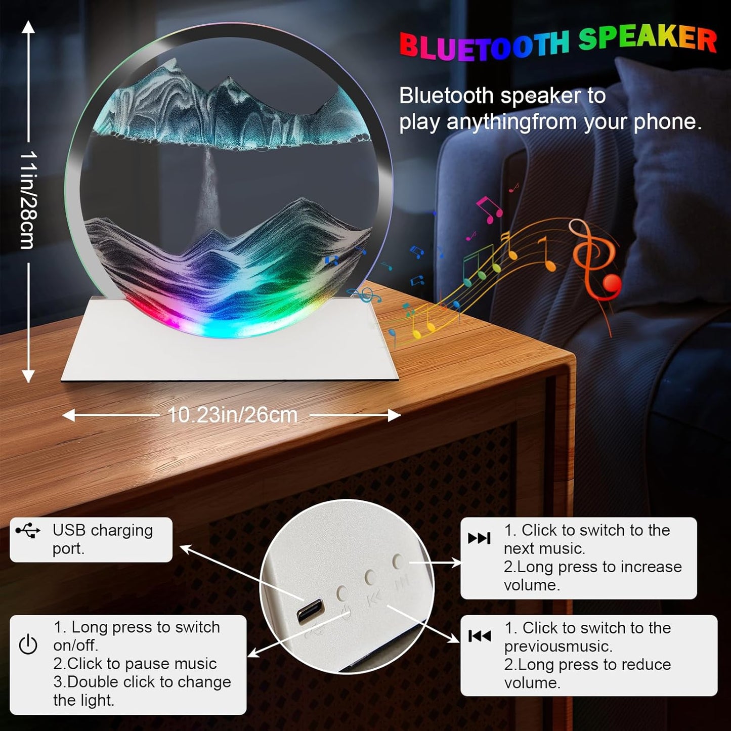 Sand Art Picture Bluetooth Speaker Wireless Rechargeable Blue