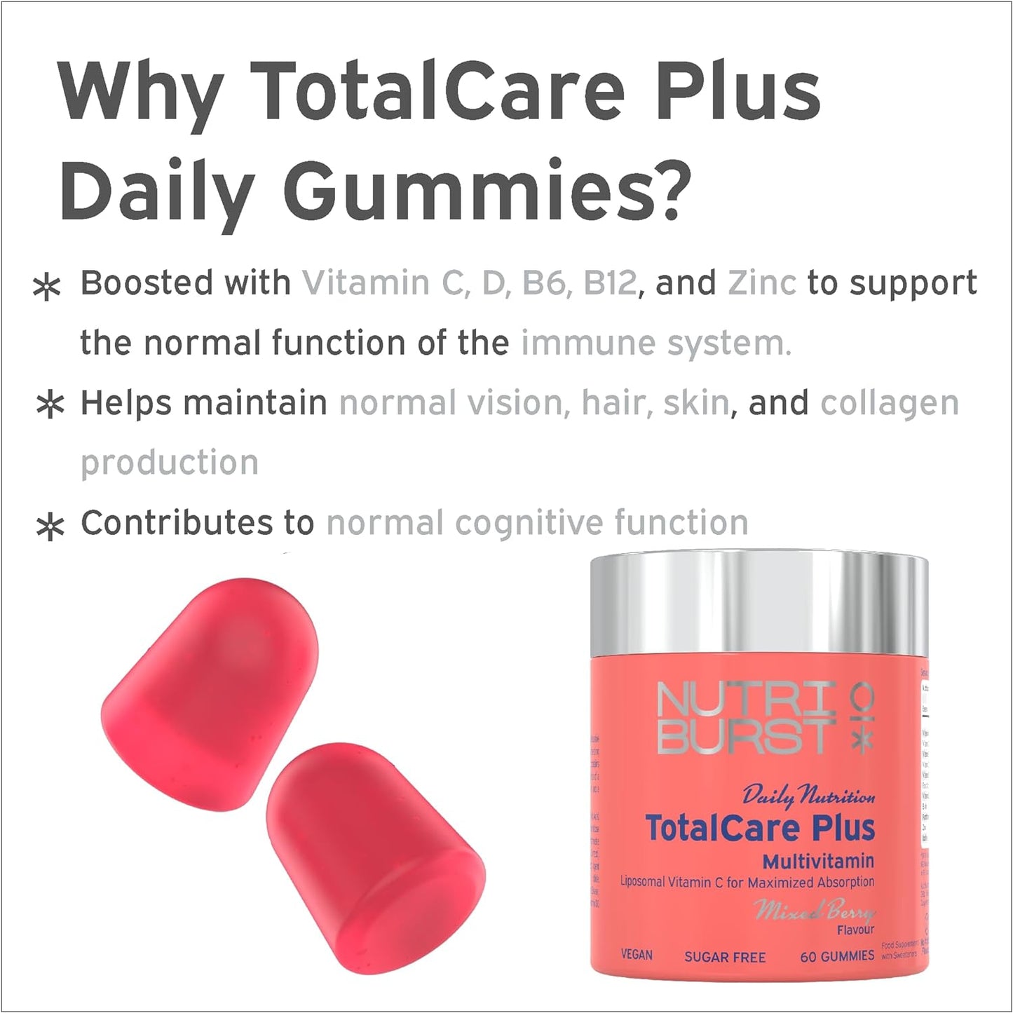Nutriburst TotalCarePlus - Multivitamin with Vitamin C, D, B12 + Zinc - Immune System Support - Berry Flavour - 60 Gummies 1 Month Supply - Suitable for Vegans