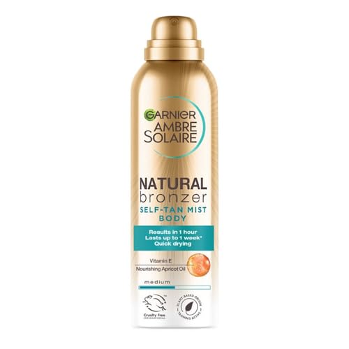 Garnier Ambre Solaire Natural Bronzer Quick Drying Body Self Tan Mist, Medium, Intense & Streak Free Fake Tan, Lasts Up to 1 week, Approved by Curelty Free International, Vegan Formula, 150ml