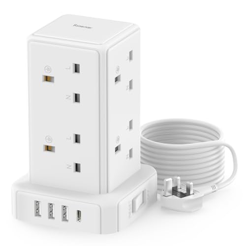 Tower Extension lead with USB Slots, 8 Way Extension Lead Surge Protection with Switch (13A 3250W) 8 AC Outlets & 4 USB Ports Plug Extension Socket Extension Cable 2M Mini Power Strip for Home, Office