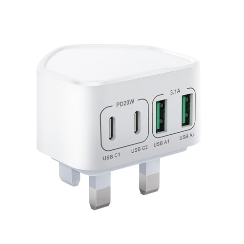 40W USB C Plug Fast Charge, UK 4-Port Multi USB Charger Plug Fast Charging Plug for iPhone 15 14 13 12 11 Pro Max SE XS XR 8 Plus SE, iPad, Samsung Galaxy,Dual Port USBC Power Adaptor Type C Wall Plug