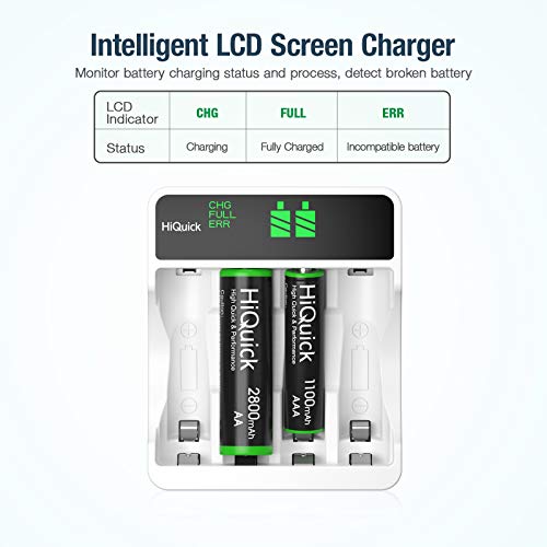 HiQuick 8 x 2800mAh AA NI-MH Rechargeable Batteries with 4-slot AA AAA LCD Battery Charger, Fast Charging Function, Type C and Micro USB Input, Battery and Charger Set