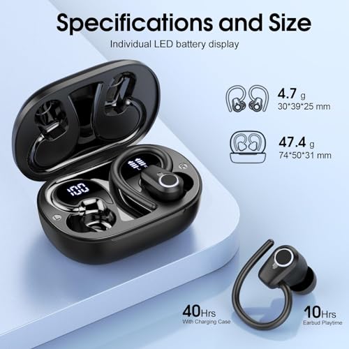 Wireless Earbuds, Bluetooth 5.3 Headphones with 4 ENC Noise Canceling Mic, 50H Stereo Dual LED Display Ear Buds, Sport Wireless Earphones with Earhooks, IP7 Waterproof Wireless Headphones for Running