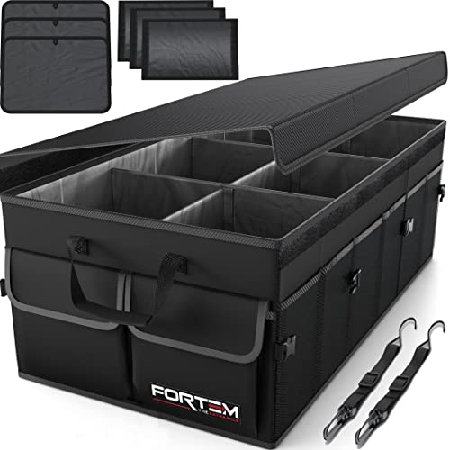 FORTEM Car Boot Organiser, Car Storage Organiser, Car Accessories, Collapsible Multi Compartment Car Organiser, Car Boot Tidy, Non Slip Bottom, Adjustable Securing Straps (Black,Standard)