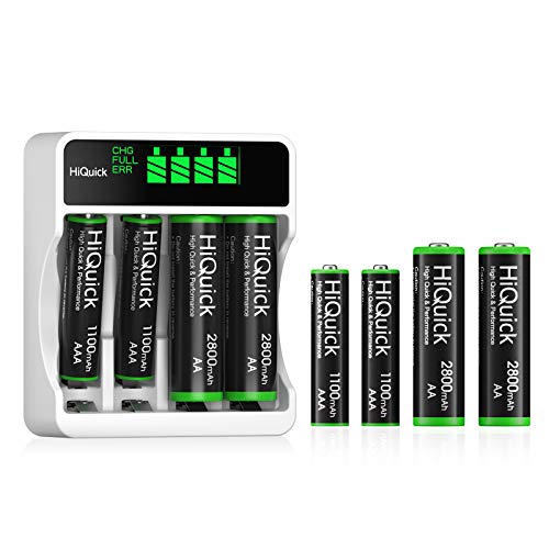 HiQuick 8 x 2800mAh AA NI-MH Rechargeable Batteries with 4-slot AA AAA LCD Battery Charger, Fast Charging Function, Type C and Micro USB Input, Battery and Charger Set