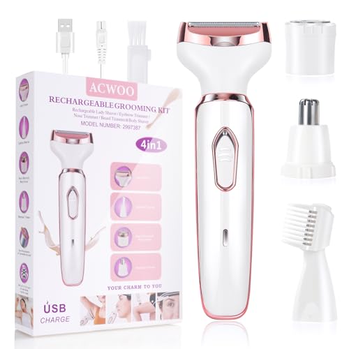 ACWOO Cordless 4 in 1 Electric Lady Shaver for Women, Rechargeable Painless Razor Bikini Trimmer Wet and Dry Hair Removal for Face Legs Underarm Nose and Eyebrow