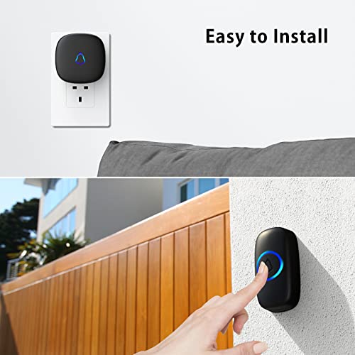 SECRUI Wireless Doorbell, Plug in Waterproof Battery Operated Cordless Doorbell Operating at 1,000 Feet Long Range with 58 Chimes 5 Volume Levels LED Light Easy Install for Home, School, Office,Black