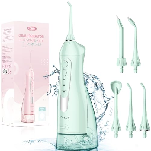 Water Dental Flosser for Teeth Cordless: COSLUS Portable Oral Irrigator 300ML 5 Jet Tips Rechargeable Tooth Flosser Teeth Braces Pick IPX7 Waterproof Irrigation Cleaner for Travel Home