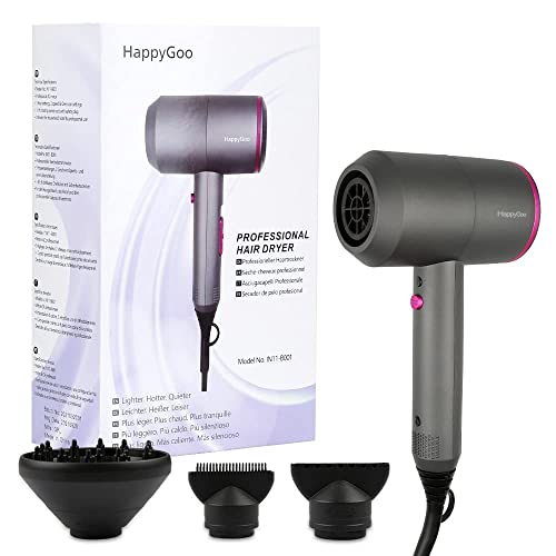 HappyGoo Hair Dryer Professional Ionic Hairdryer with 2 Speed 3 Heat Setting, Cool Shot Button, 1 Diffuser & 2 Concentrator for Women Man