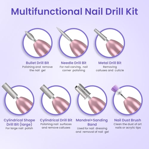 Electric Nail Files, Professional Nail Drill for Acrylic Nails Gel, Electric Nail Drill 20000 RPM, Adjustable Speed E File for Nails, Electric Manicure Pedicure Kit Gifts for Beginner Girl Women Mum