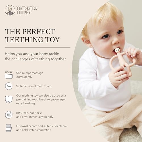 Matchstick Monkey, Original Teether & Gel Applicator, Antimicrobial Silicone Teething Toys for Baby, Easy to Grip, BPA Free, 3 Months Old+, 10.5 cm, Green Monkey