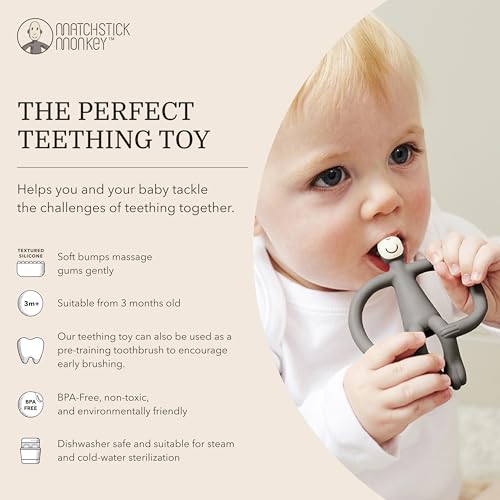 Matchstick Monkey, Original Teether & Gel Applicator, Antimicrobial Silicone Teething Toys for Baby, Easy to Grip, BPA Free, 3 Months Old+, 10.5 cm, Green Monkey