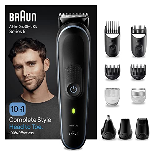 Braun 10-in-1 All-in-One Style Kit Series 5, Male Grooming Kit With Beard Trimmer, Hair Clippers, Nose and Ear Trimmer & Precision Trimmer, Gifts for Men, UK 2 Pin Plug, MGK5445, Black