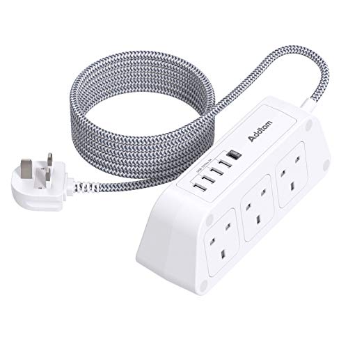 Extension Lead with USB Slots，6 Way Outlets 5 USB(5A, 1 USB- C and 4 USB-A Port) with 1.8M Braided Extension cord, 3250W Overload Protection，Security Surge Protection Plug Extension Socket