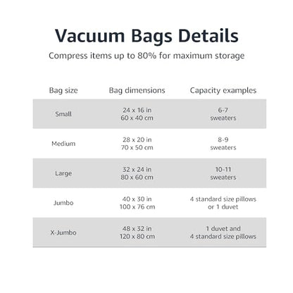 Amazon Basics Vacuum Compression Zipper Storage Bags with Airtight Valve and Hand Pump, Large, 5-Pack, Clear