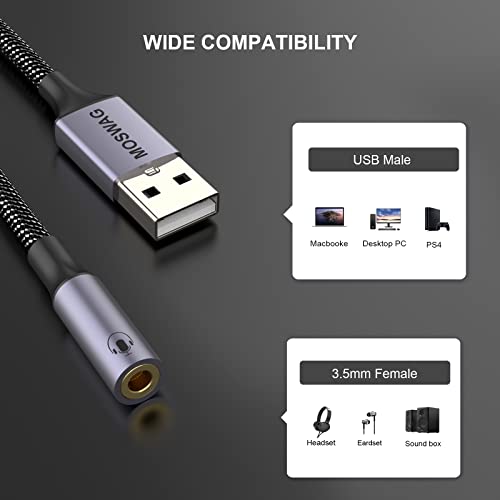 MOSWAG USB to 3.5mm Jack Audio Adapter,External Sound Card USB-A to Audio Jack Adapter with 3.5mm Aux Stereo Converter Compatible with Headset,PC,Laptop,Linux,Desktops,PS4 and More Device