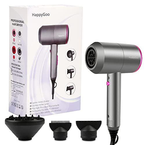 HappyGoo Hair Dryer Professional Ionic Hairdryer with 2 Speed 3 Heat Setting, Cool Shot Button, 1 Diffuser & 2 Concentrator for Women Man