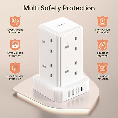 Tower Extension lead with USB Slots, 8 Way Extension Lead Surge Protection with Switch (13A 3250W) 8 AC Outlets & 4 USB Ports Plug Extension Socket Extension Cable 2M Mini Power Strip for Home, Office