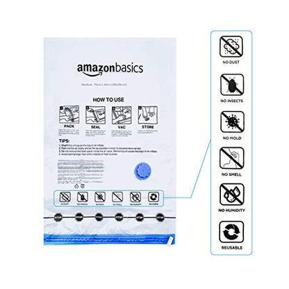 Amazon Basics Vacuum Compression Zipper Storage Bags with Airtight Valve and Hand Pump, Large, 5-Pack, Clear