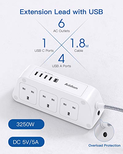 Extension Lead with USB Slots，6 Way Outlets 5 USB(5A, 1 USB- C and 4 USB-A Port) with 1.8M Braided Extension cord, 3250W Overload Protection，Security Surge Protection Plug Extension Socket