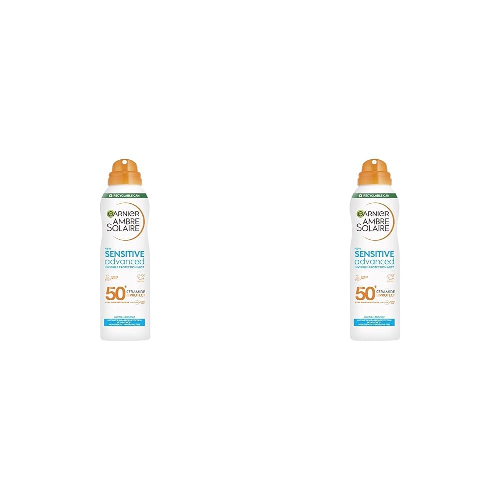 Garnier Ambre Solaire SPF 50+ Sensitive Advanced Dry Mist Sun Cream Spray, Water Resistant & Non Greasy Sunscreen, Fragrance Free, UVA & UVB Protection, Approved by Cruelty Free International, 150ml