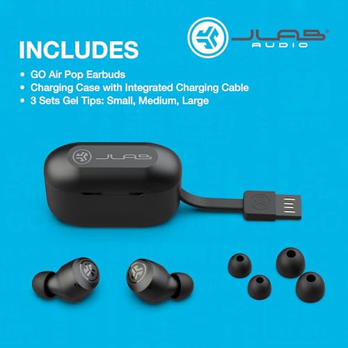 JLab Go Air Pop+ True Wireless Earbuds, In Ear Headphones, Bluetooth Earphones, 35H Playtime Ear Buds, Bluetooth Earbuds with Microphone, USB-C Charging Case, Multipoint, EQ3 Sound, Black