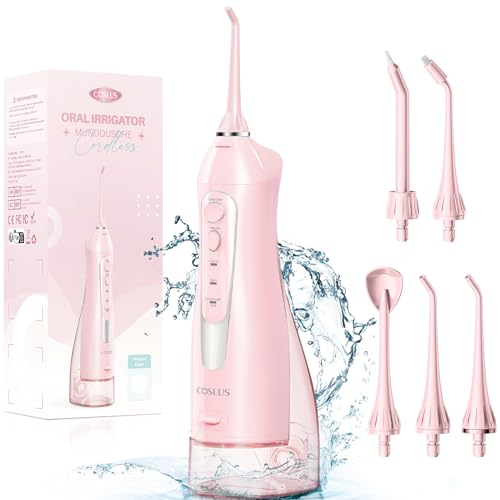 Water Dental Flosser for Teeth Cordless: COSLUS Portable Oral Irrigator 300ML 5 Jet Tips Rechargeable Tooth Flosser Teeth Braces Pick IPX7 Waterproof Irrigation Cleaner for Travel Home