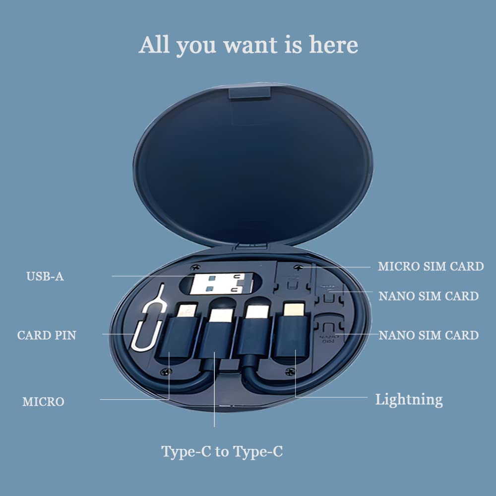 Juliyeh Multifunctional Data Cable Conversion Head Portable Storage Box, Multi-Type Charging Line Convertor USB Type C Adapter Tool Contains Sim Card Slot Tray Eject Pin, Phone Holder (Midnight Blue)