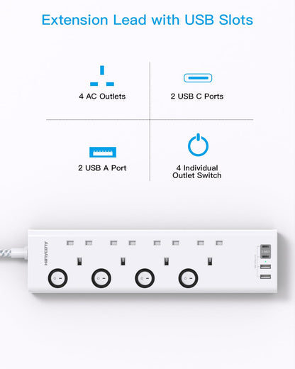Extension Lead with 4 USB Slots(2 USB C), 4 Way Plug Extension Socket with Individual Switches, 1.8M Extension Cable, Wall Mount Extension Cord