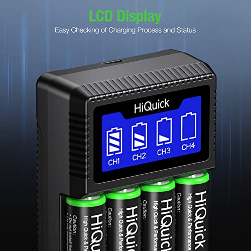 HiQuick 8 x 2800mAh AA NI-MH Rechargeable Batteries with 4-slot AA AAA LCD Battery Charger, Fast Charging Function, Type C and Micro USB Input, Battery and Charger Set