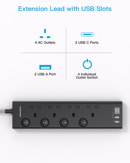 Extension Lead with 4 USB Slots(2 USB C), 4 Way Plug Extension Socket with Individual Switches, 1.8M Extension Cable, Wall Mount Extension Cord