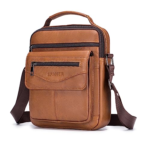 SPAHER Men Leather Handbags Shoulder Bags Messenger Business Bag Crossbody Satchel Sling Waterproof Travel Bag Daily Man Bag Gift with Adjustable Shoulder Strap for Ipad 9.7 Inch