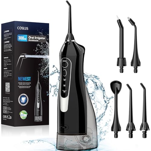 Water Dental Flosser for Teeth Cordless: COSLUS Portable Oral Irrigator 300ML 5 Jet Tips Rechargeable Tooth Flosser Teeth Braces Pick IPX7 Waterproof Irrigation Cleaner for Travel Home