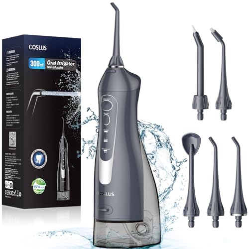 Water Dental Flosser for Teeth Cordless: COSLUS Portable Oral Irrigator 300ML 5 Jet Tips Rechargeable Tooth Flosser Teeth Braces Pick IPX7 Waterproof Irrigation Cleaner for Travel Home