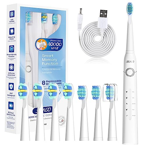 Electric Toothbrush, Rechargeable Power Toothbrush with 8 Brush Heads, Sonic Toothbrushes 40,000 VPM, 5 Cleaning Modes with Teeth Whitening, Gift for Family, Black