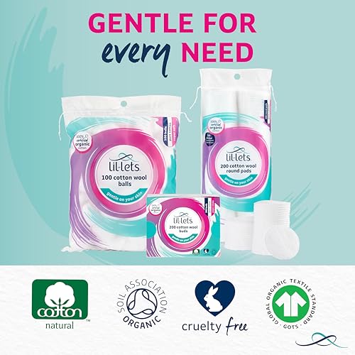 Lil-Lets Cotton Wool Round Pads, 100 Count, Certified Organic, 100% Pure Cotton Wool, Soft and Absorbent, Gentle on Skin, Dermatologically Tested