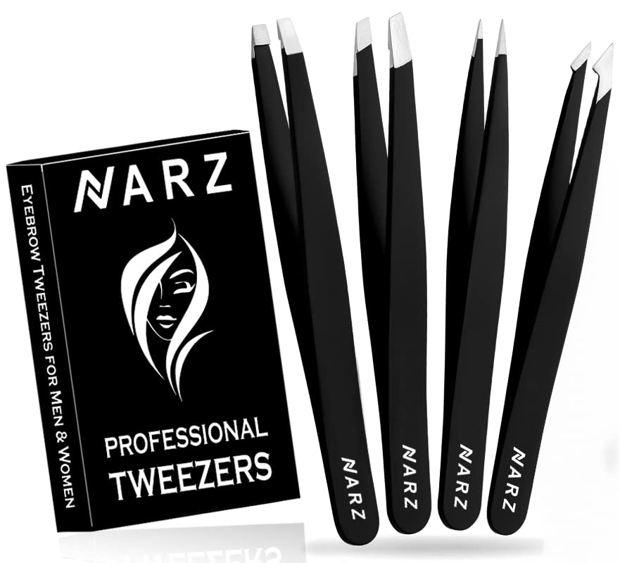 NARZ Professional Tweezers for Facial Hair Women & Men Stainless Steel Precision Tweezers for Ingrown Hair Tweezers (4 Pcs)