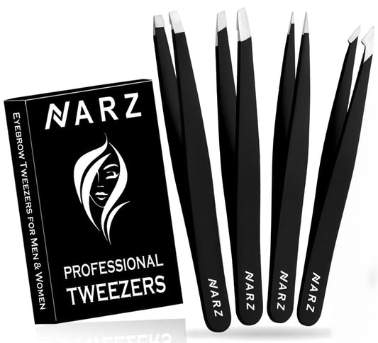 NARZ Professional Tweezers for Facial Hair Women & Men Stainless Steel Precision Tweezers for Ingrown Hair Tweezers (4 Pcs)