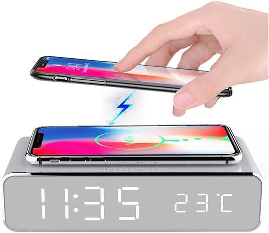 Digital Alarm Clock with Wireless Charging, 2 in 1 LED Bedside Alarm Clocks Wireless Charger with Temperature Display, Super Fast Wireless Charger Station for Teens Adults Kids Heavy Sleepers