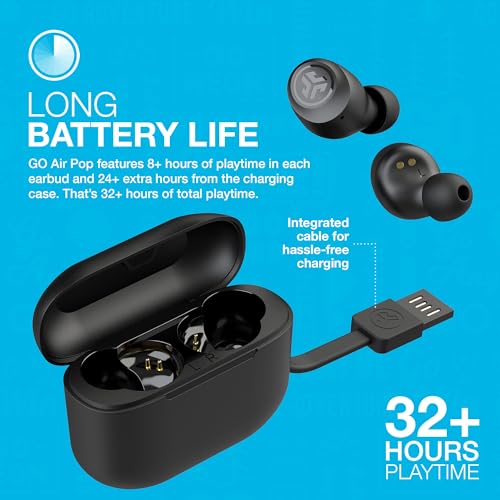 JLab Go Air Pop+ True Wireless Earbuds, In Ear Headphones, Bluetooth Earphones, 35H Playtime Ear Buds, Bluetooth Earbuds with Microphone, USB-C Charging Case, Multipoint, EQ3 Sound, Black