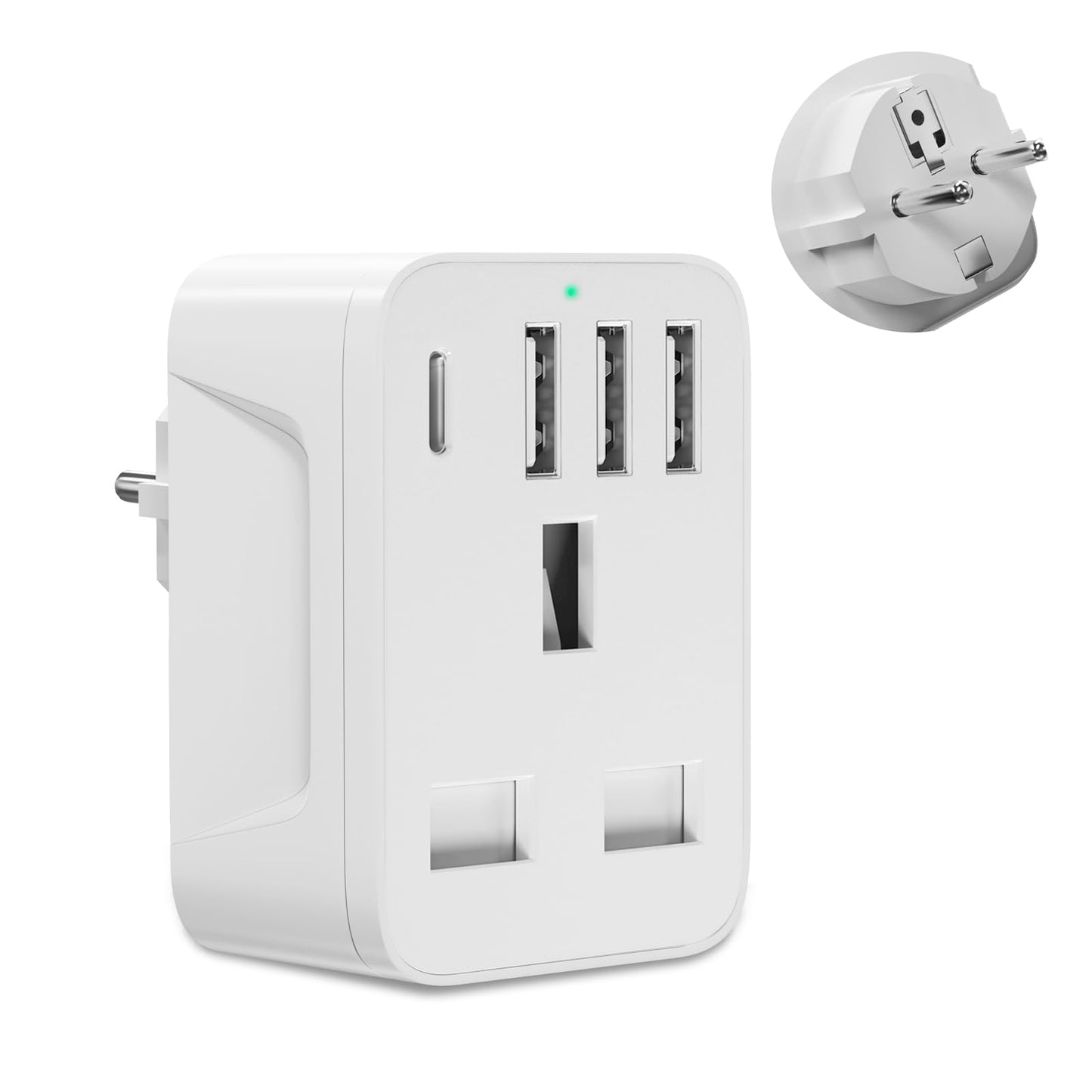 European to uk plug adapter,travel adapter UK to European Plug with 1*USB C & 3*USB A Ports,European Travel Adapter for Germany Spain France Turkey Greece Iceland(Type E/F) (Grey Travel adapter)