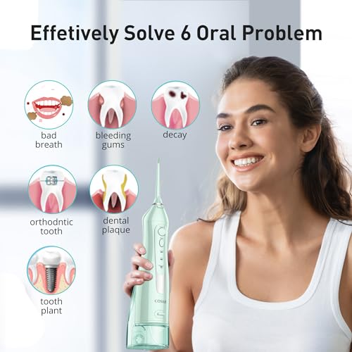 Water Dental Flosser for Teeth Cordless: COSLUS Portable Oral Irrigator 300ML 5 Jet Tips Rechargeable Tooth Flosser Teeth Braces Pick IPX7 Waterproof Irrigation Cleaner for Travel Home