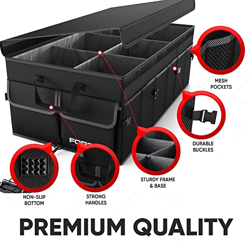 FORTEM Car Boot Organiser, Car Storage Organiser, Car Accessories, Collapsible Multi Compartment Car Organiser, Car Boot Tidy, Non Slip Bottom, Adjustable Securing Straps (Black,Standard)