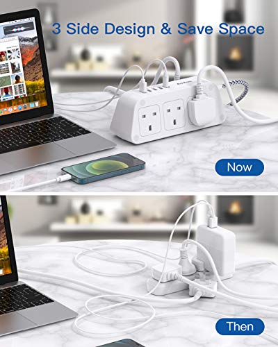 Extension Lead with USB Slots，6 Way Outlets 5 USB(5A, 1 USB- C and 4 USB-A Port) with 1.8M Braided Extension cord, 3250W Overload Protection，Security Surge Protection Plug Extension Socket