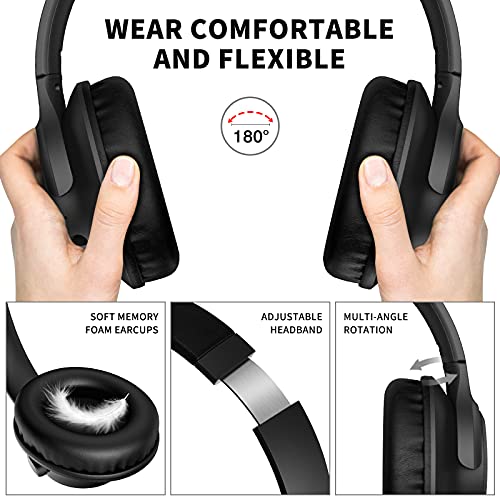 KVIDIO Bluetooth Headphones Over Ear, 65 Hours Playtime Wireless Headphones with Microphone, Foldable Lightweight Headset with Deep Bass,HiFi Stereo Sound for Travel Work PC Cellphone (Black)