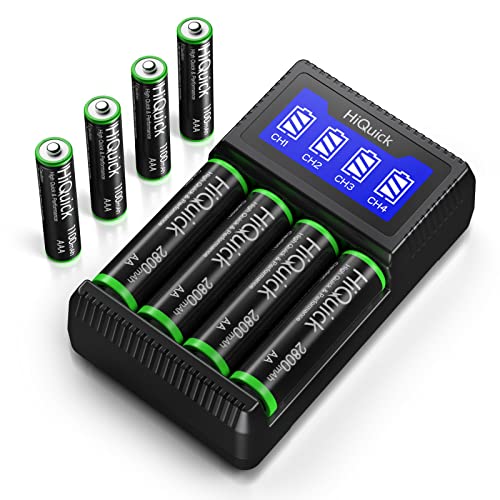 HiQuick 8 x 2800mAh AA NI-MH Rechargeable Batteries with 4-slot AA AAA LCD Battery Charger, Fast Charging Function, Type C and Micro USB Input, Battery and Charger Set