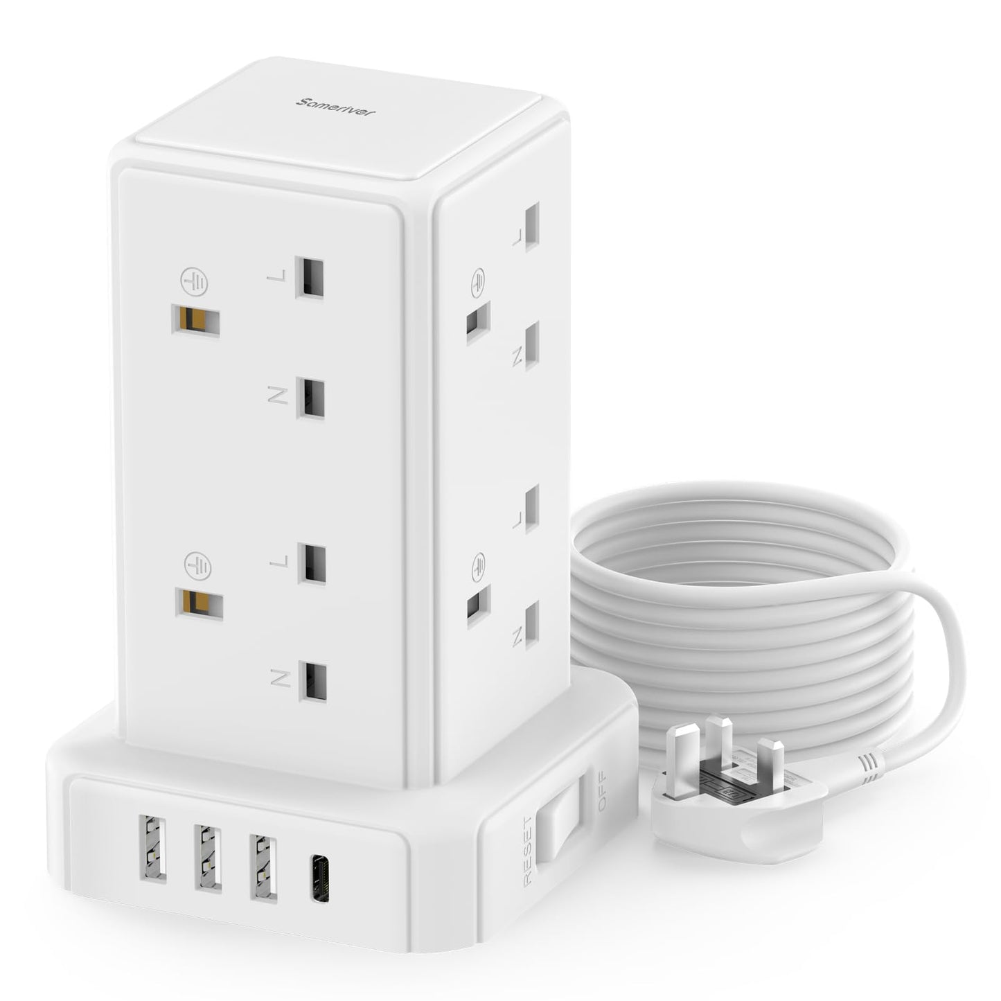 Tower Extension lead with USB Slots, 8 Way Extension Lead Surge Protection with Switch (13A 3250W) 8 AC Outlets & 4 USB Ports Plug Extension Socket Extension Cable 2M Mini Power Strip for Home, Office