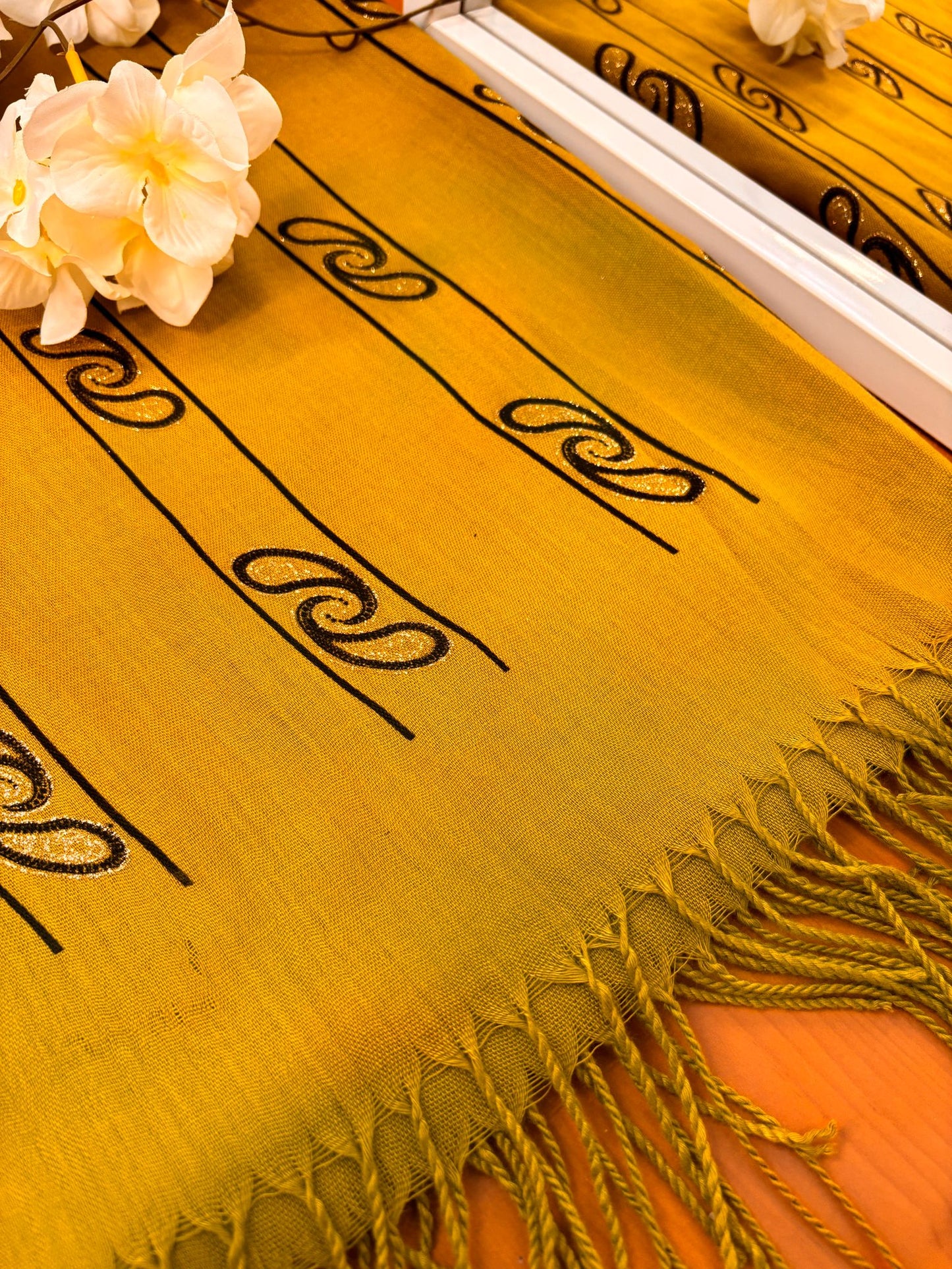 Mastered Yellow Mixed Cotton Hijab with Golden Print | New Fresh, Elegant 1 PC